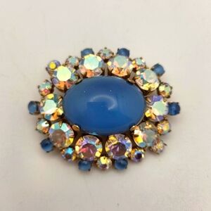 Gorgeous Vintage Blue Cabochon Glass Brooch Pin AB Crystals GOLD PLATED